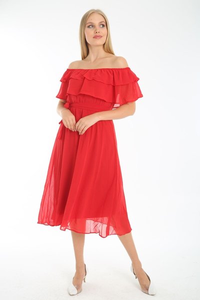 Kırmızı Carmen Yaka Fırfır Şifon Midi Elbise