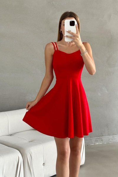 Kırmızı Çift Askılı Kalp Yaka Scuba Krep Mini Elbise