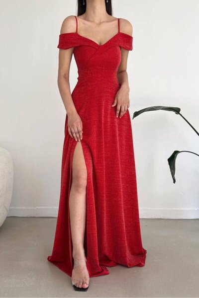 Kırmızı Simli Krep Düşük Omuz Detaylı Askılı Kloş Nişan Ve Mezuniyet Uzun Abiye Elbise