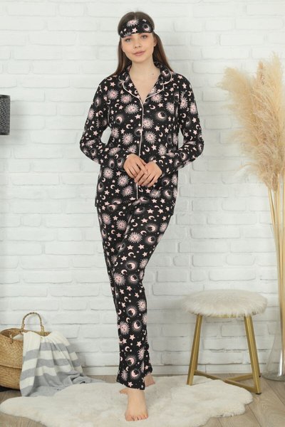 Siyah Desenli Uzun Kol Alt Pijama Takım