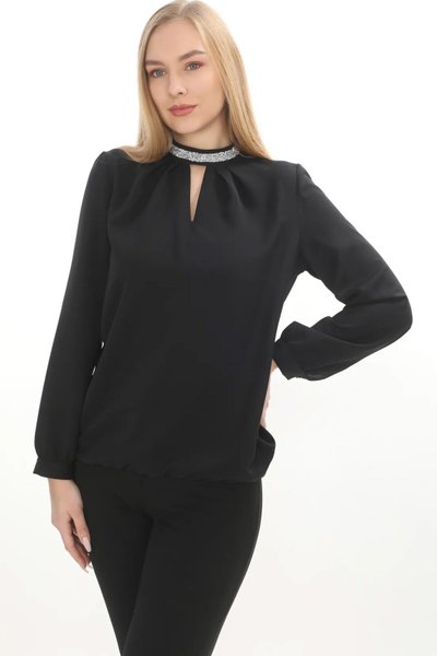 Siyah Jessica Kumaş Gömlek Yakası Taş Detaylı Bluz