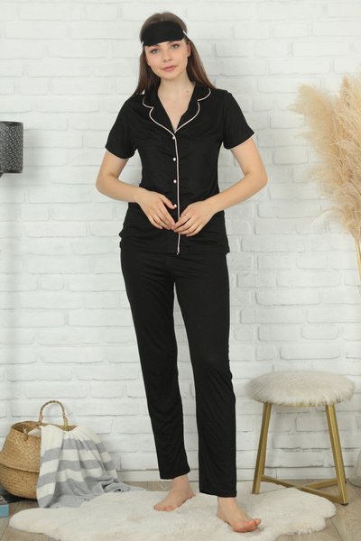 Siyah Pembe Çizgi Ve Düğme Detaylı Kısa Kol Alt Uzun Pijama Takım