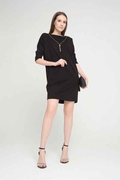 Siyah Yuvarlak Yaka Yarasa Kol Yakası Çıkarılabilir Kolye Detaylı Mini Elbise