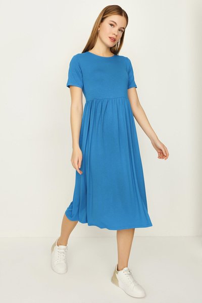 Blue Yırtmaçlı Örme Midi Elbise