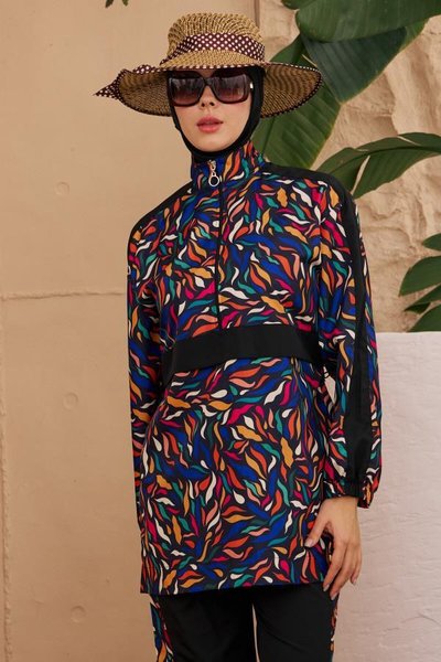 Siyah Paraşüt Model Renkli Desenler Tam Kapalı Mayo