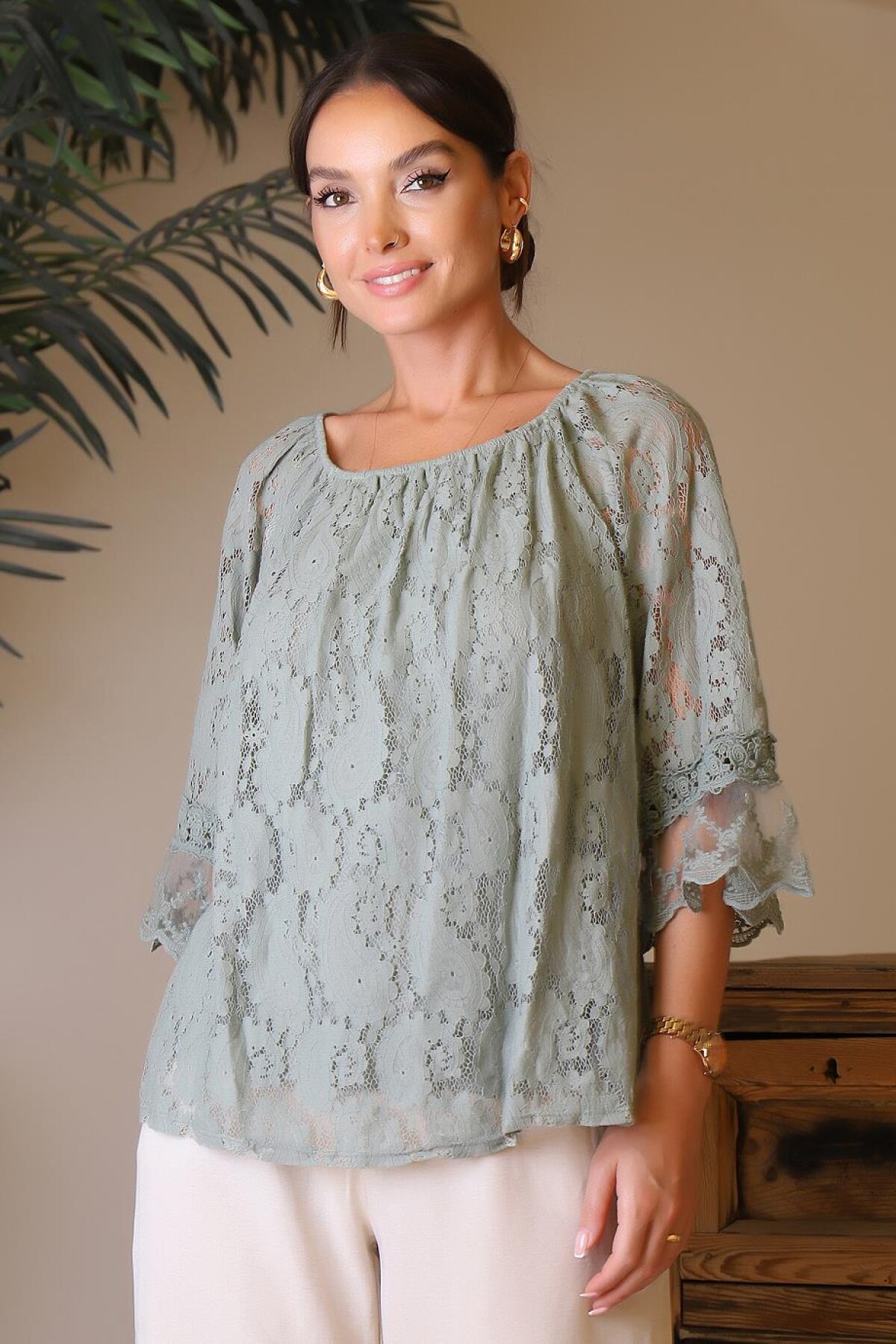 Haki Kolları Tüllü Bluz - Park Moda