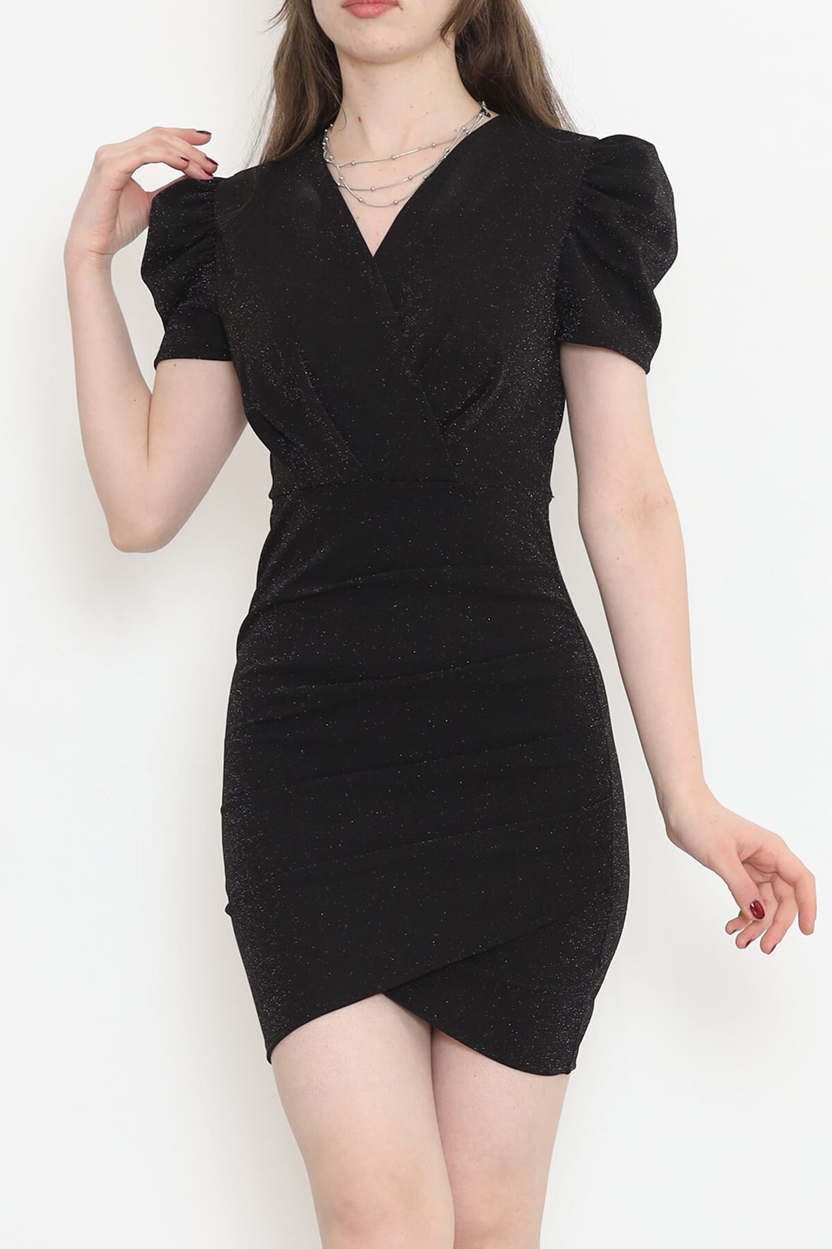 Siyah Simli Krep Mini Abiye Elbise - Remiss