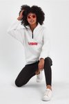 Beyaz Garnili Baskılı Oversize Sweatshirt