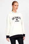 Beyaz Kapüşonlu Baskılı Oversize Sweatshirt