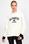 Beyaz Kapüşonlu Baskılı Oversize Sweatshirt