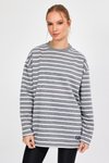 Gri Çizgili Oversize Basic Sweatshirt