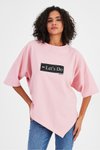 Pembe Asimetrik Kesim Oversize T-Shirt