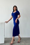 Saks Mavisi Önden Yırtmaçlı Düğme Detay Kısa Kollu Krep Midi Elbise