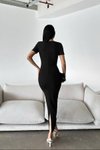 Siyah Kruvaze Yaka Kısa Kollu Krep Kumaş Midi Uzun Elbise