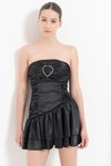 Siyah Straplez Kalp Tokalı Mini Saten Abiye Elbise
