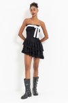 Siyah Straplez Kurdela Detaylı Dantel Mini Abiye Elbise