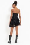 Siyah Straplez Kurdela Detaylı Dantel Mini Abiye Elbise