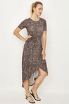 Kahverengi Leopar Desen Kuşaklı Asimetrik Kesim Midi Elbise