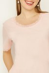 Pembe Yakası Dantelli Basic T-shirt