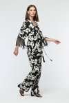 Siyah Yaprak Desenli Püsküllü Yarım Kol Kimono Takım