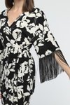 Siyah Yaprak Desenli Püsküllü Yarım Kol Kimono Takım