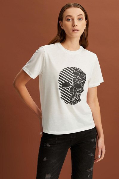 Beyaz Baskılı Basic T-shirt