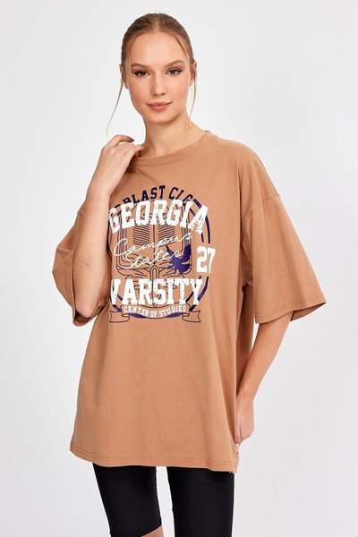 Camel Baskılı Oversize T-shirt