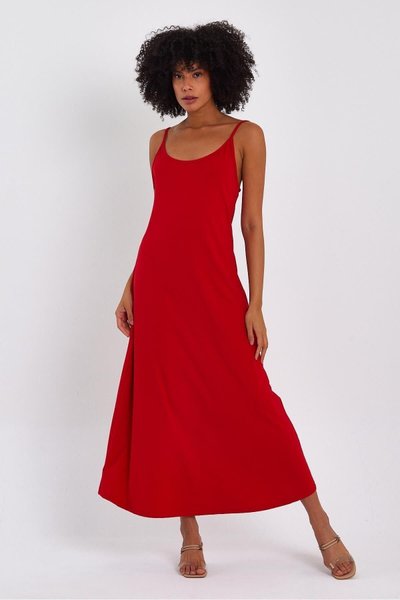 Kırmızı İnce Askılı Fitilli Uzun Elbise