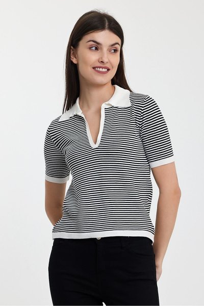 Siyah Çizgili Polo Yaka Triko T-shirt