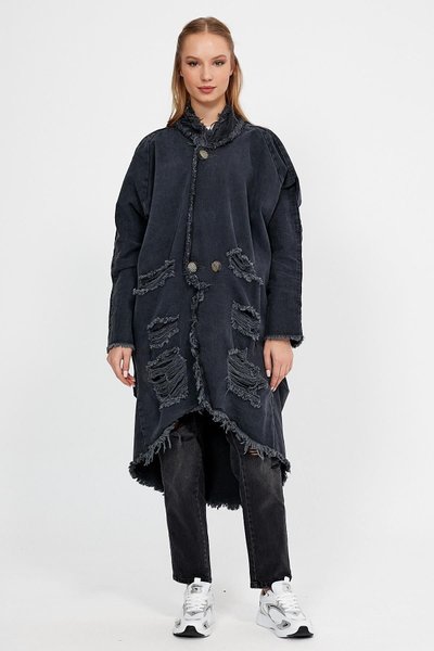 Siyah Özel Koleksiyon Yırtık Detaylı Uzun Denim Ceket