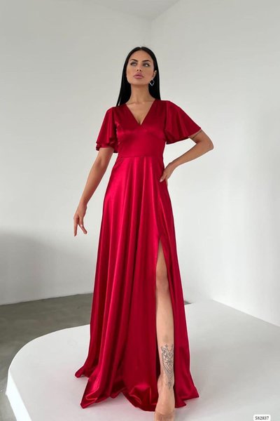 Sırt Dekolteli Kırmızı Detaylı Kısa Kollu Saten Uzun Abiye Elbise