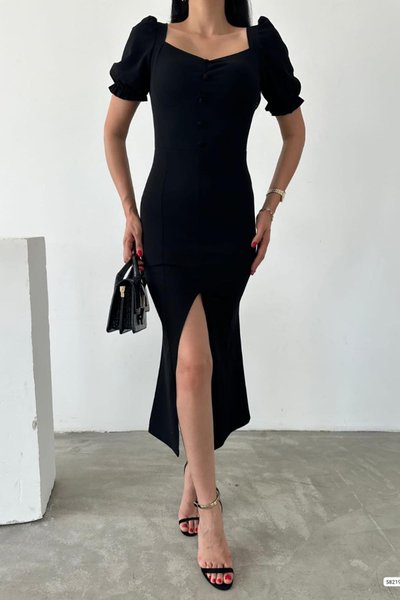 Siyah Önden Yırtmaçlı Düğme Detay Kısa Kollu Krep Midi Elbise