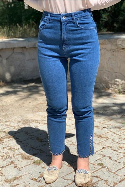 Mavi L Taşlı Likralı Kot Pantolon