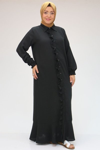 Siyah Büyük Beden Volanlı Fırfırlı Keten Airobin Ferace Elbise