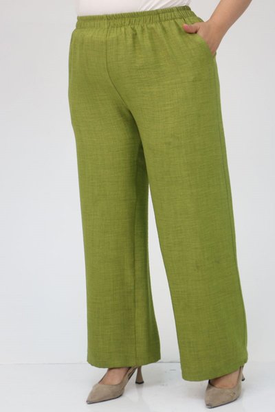 Yağ Yeşili Büyük Beden Bol Paça Keten Airobin Pantolon