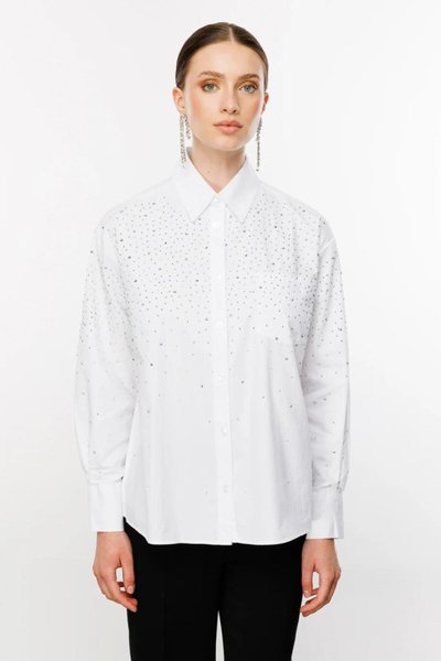 Beyaz Uzun Kollu Taş İşlemeli Gömlek