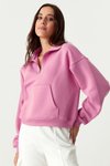 Pembe Dik Yaka Fermuarlı Crop Sweatshirt