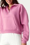 Pembe Dik Yaka Fermuarlı Crop Sweatshirt