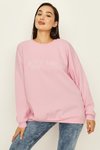 Pembe Yazı Detaylı Basic Örme Sweatshirt