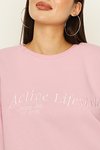 Pembe Yazı Detaylı Basic Örme Sweatshirt