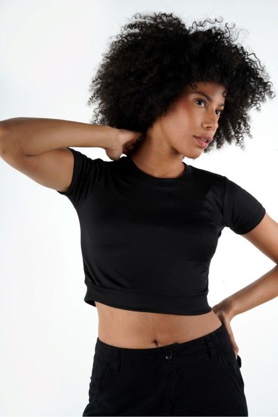 Siyah Bisiklet Yaka Crop T-shirt