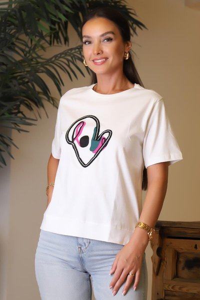 Ekru Kalp Baskılı T-shirt
