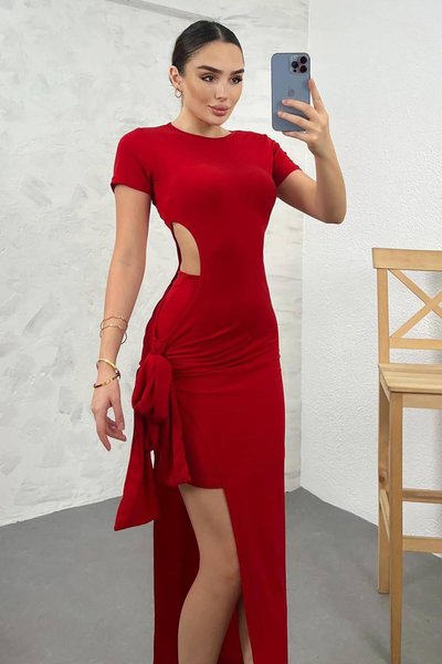 Kırmızı Sandy Kumaş İç Etekli Uzun Abiye Elbise
