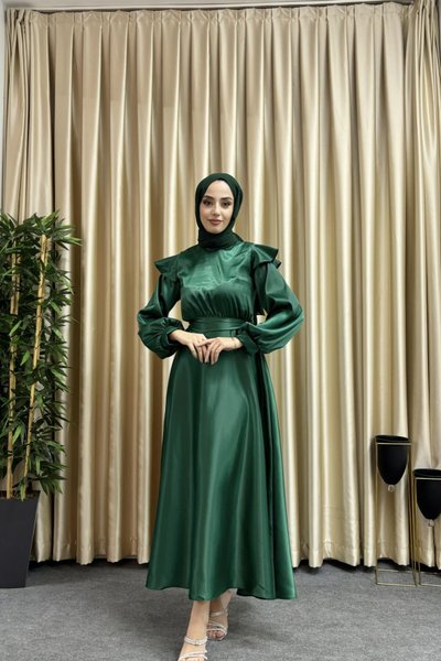Zümrüt Yeşili Dora Saten Abiye Elbise