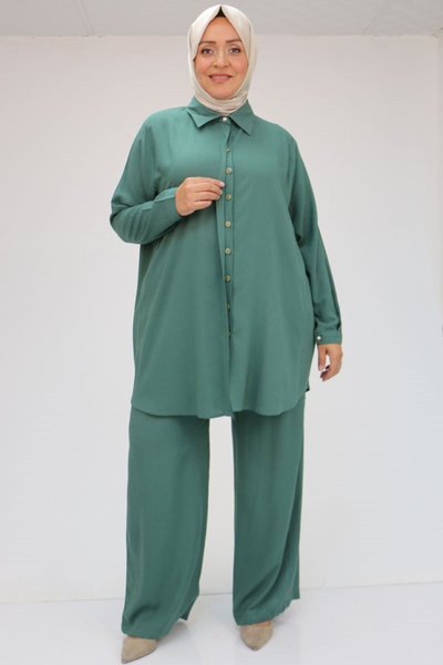 Çağla Yeşili Büyük Beden Düz Dokuma Pantolon Gömlek Takım