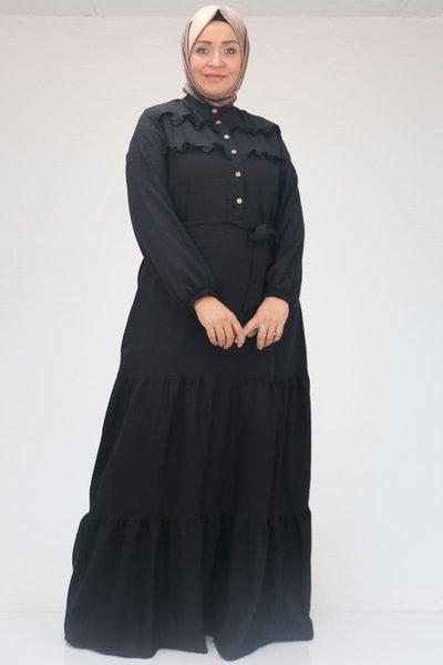 Siyah Büyük Beden Fırfırlı Kemerli Keten Elbise