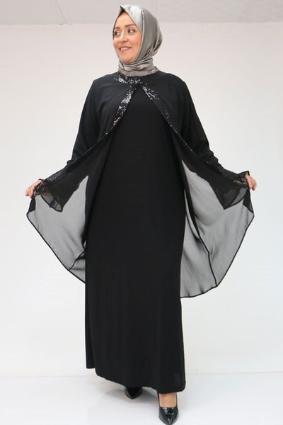 Siyah Büyük Beden Pul Payet Detaylı Sandy Şifon Elbise
