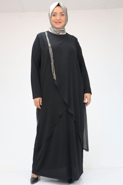 Siyah Büyük Beden Sandy Şifon Taş Baskılı Elbise