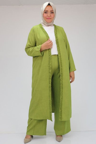 Yağ Yeşili Büyük Beden Fırfır Detaylı Pantolonlu Takım