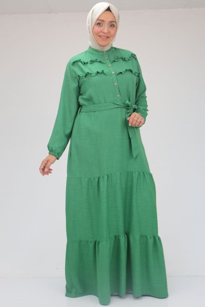 Yeşil Büyük Beden Fırfırlı Kemerli Keten Elbise